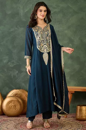 Women's Beautiful Embroidery Work Vichitra Silk Fabric Flared Kurta Pant and Dupatta Set