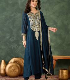 Women's Beautiful Embroidery Work Vichitra Silk Fabric Flared Kurta Pant and Dupatta Set