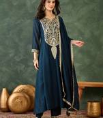 Women's Beautiful Embroidery Work Vichitra Silk Fabric Flared Kurta Pant and Dupatta Set