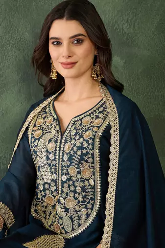 Women's Beautiful Embroidery Work Vichitra Silk Fabric Flared Kurta Pant and Dupatta Set