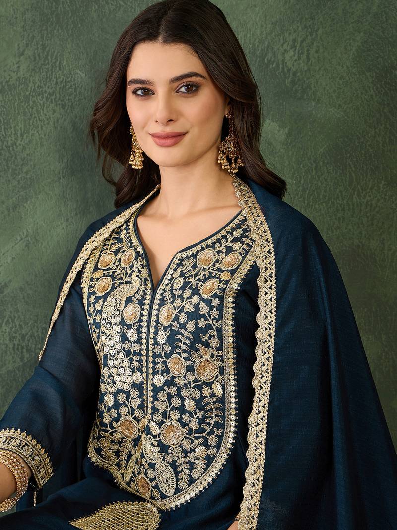 Women's Beautiful Embroidery Work Vichitra Silk Fabric Flared Kurta Pant and Dupatta Set