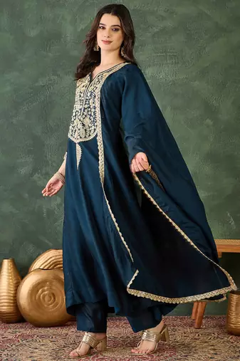 Women's Beautiful Embroidery Work Vichitra Silk Fabric Flared Kurta Pant and Dupatta Set