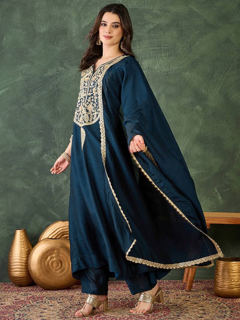 Women's Beautiful Embroidery Work Vichitra Silk Fabric Flared Kurta Pant and Dupatta Set