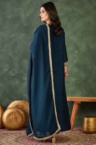 Women's Beautiful Embroidery Work Vichitra Silk Fabric Flared Kurta Pant and Dupatta Set