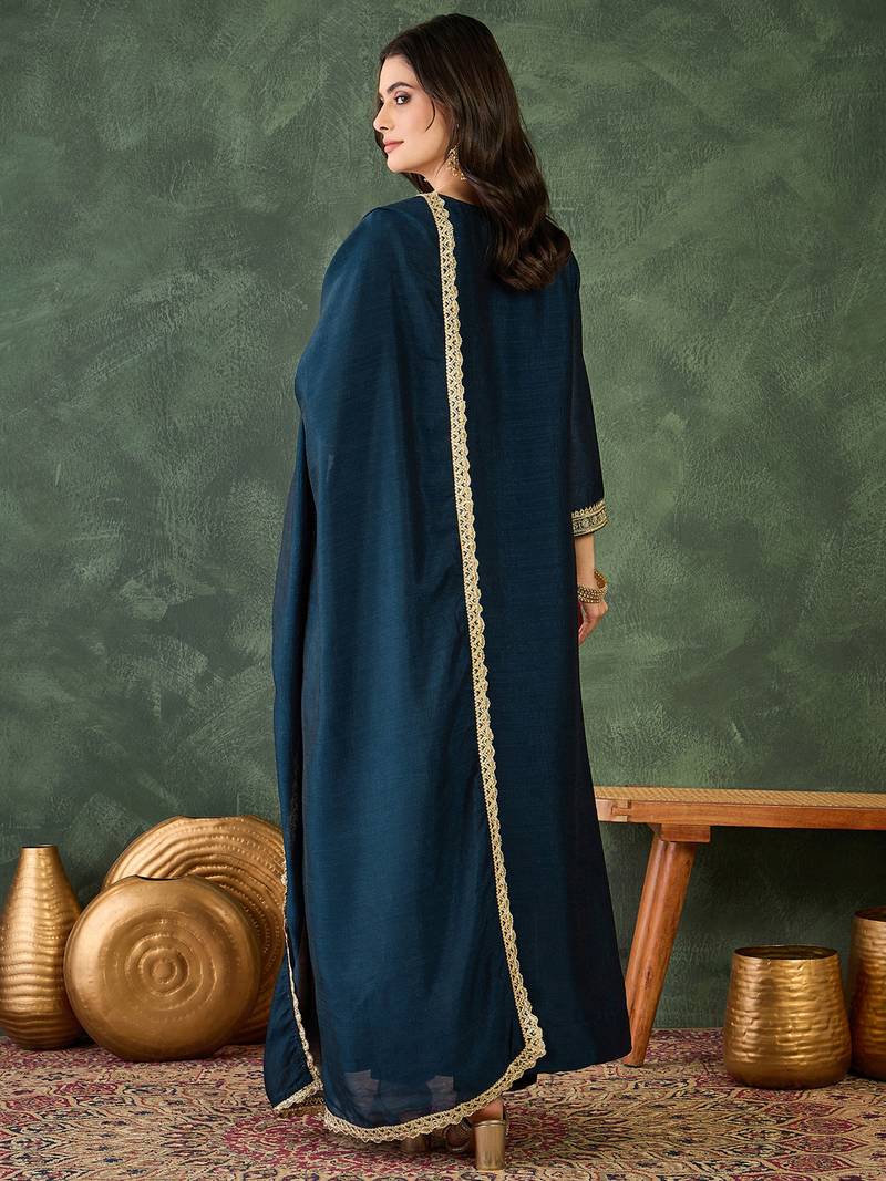 Women's Beautiful Embroidery Work Vichitra Silk Fabric Flared Kurta Pant and Dupatta Set