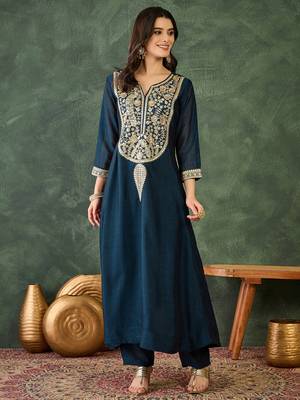 Women's Beautiful Embroidery Work Vichitra Silk Fabric Flared Kurta Pant and Dupatta Set 5