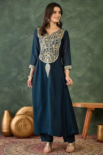 Women's Beautiful Embroidery Work Vichitra Silk Fabric Flared Kurta Pant and Dupatta Set