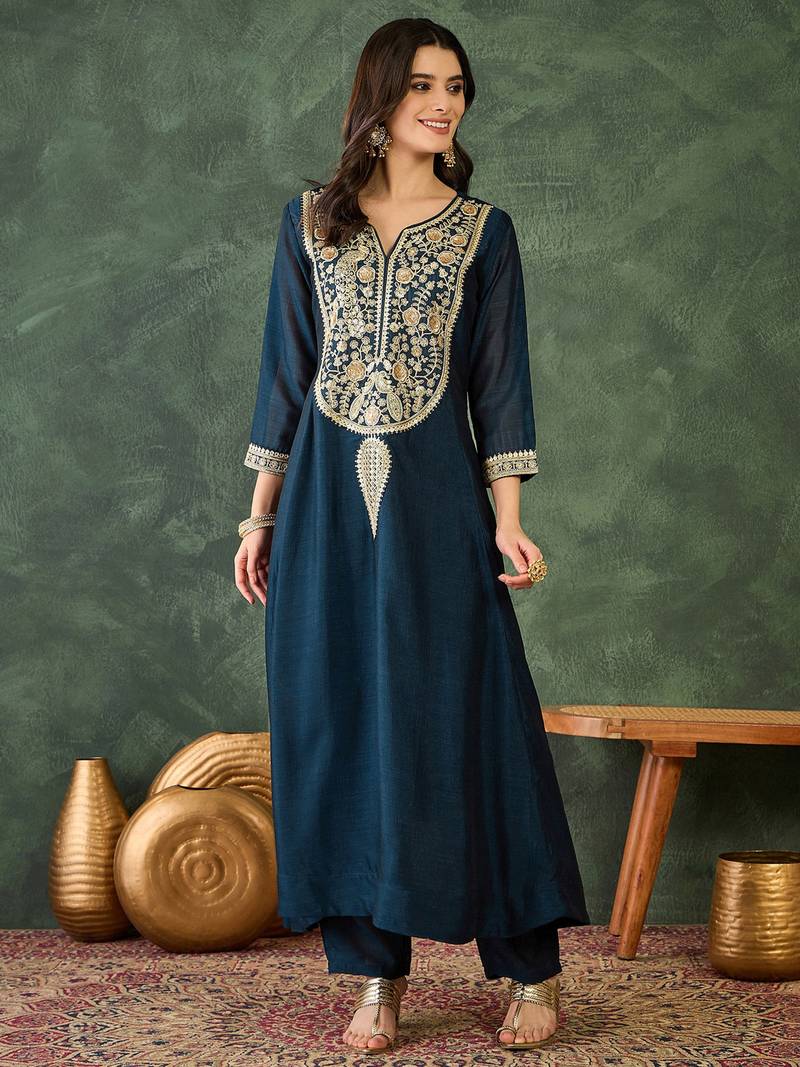 Women's Beautiful Embroidery Work Vichitra Silk Fabric Flared Kurta Pant and Dupatta Set