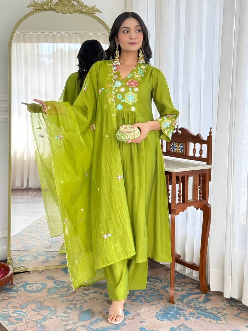 Women's Beautiful Embroidery Work Viscose Silk Fabric Flared Kurta Pant and Dupatta Set