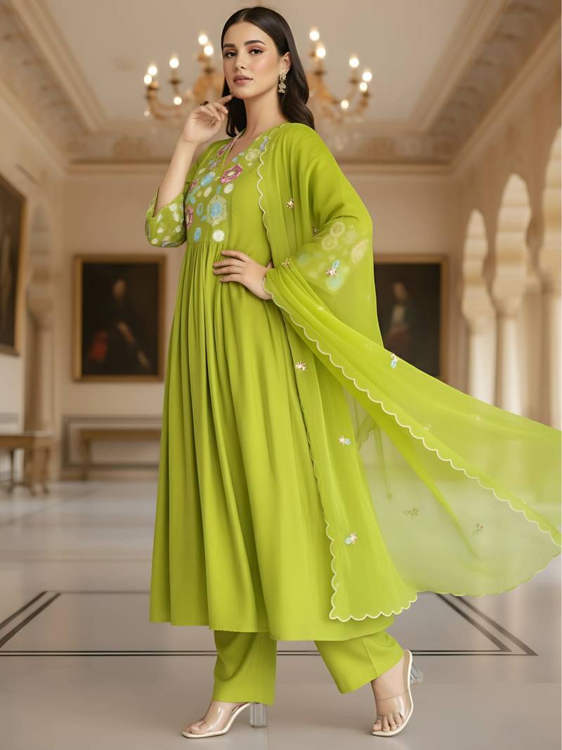 Women's Beautiful Embroidery Work Viscose Silk Fabric Flared Kurta Pant and Dupatta Set
