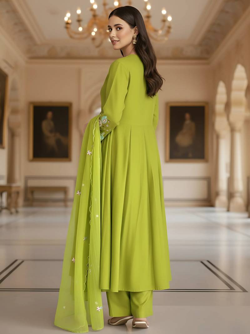 Women's Beautiful Embroidery Work Viscose Silk Fabric Flared Kurta Pant and Dupatta Set