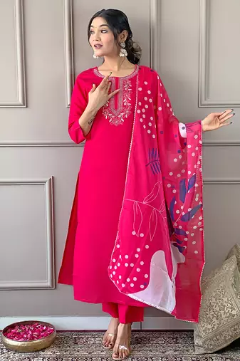 Women's Beautiful Embroidery Work Rayon Fabric Straight Kurta Pant and Dupatta Set