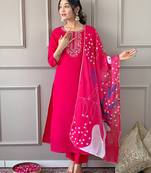 Women's Beautiful Embroidery Work Rayon Fabric Straight Kurta Pant and Dupatta Set