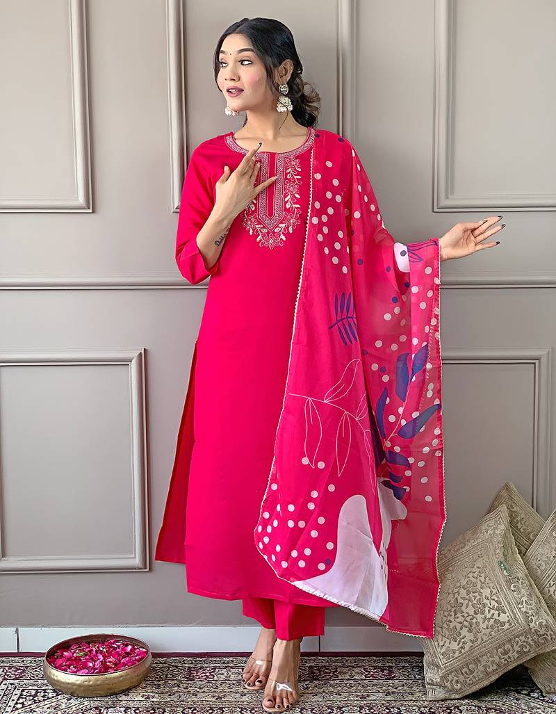 Women's Beautiful Embroidery Work Rayon Fabric Straight Kurta Pant and Dupatta Set