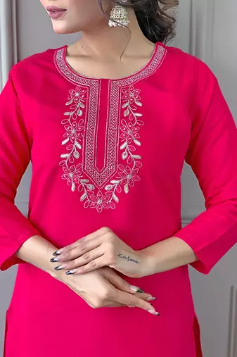 Women's Beautiful Embroidery Work Rayon Fabric Straight Kurta Pant and Dupatta Set