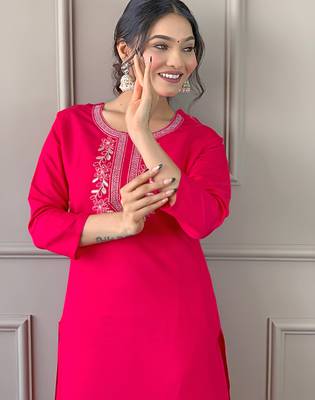 Women's Beautiful Embroidery Work Rayon Fabric Straight Kurta Pant and Dupatta Set 3