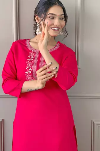 Women's Beautiful Embroidery Work Rayon Fabric Straight Kurta Pant and Dupatta Set