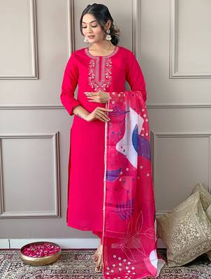 Women's Beautiful Embroidery Work Rayon Fabric Straight Kurta Pant and Dupatta Set 5