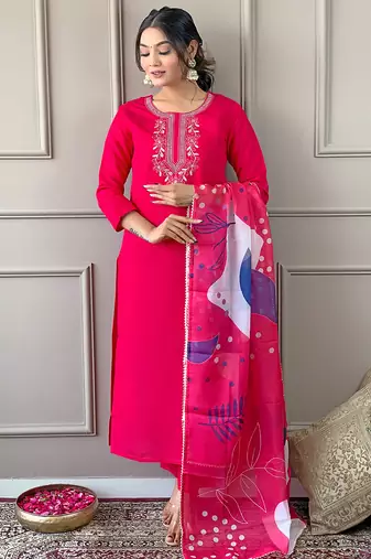 Women's Beautiful Embroidery Work Rayon Fabric Straight Kurta Pant and Dupatta Set