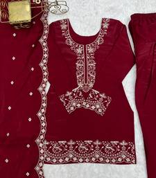Deep red silk embroidered kurta salwar suit set with scalloped dupatta