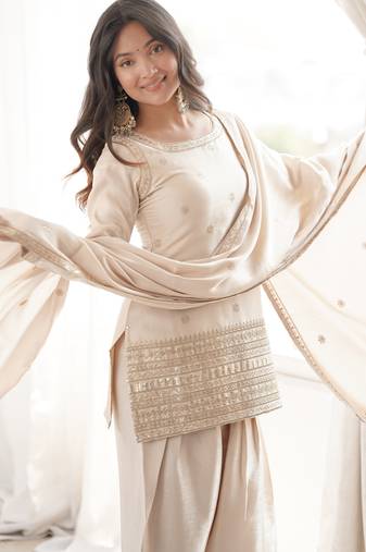 Beige silk embroidered kurta salwar suit set with dupatta