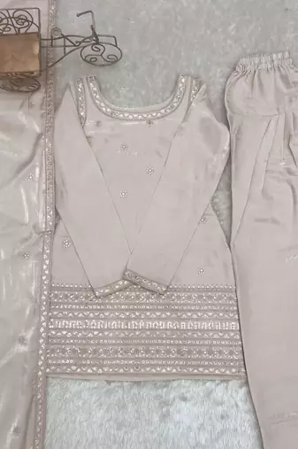 Beige silk embroidered kurta salwar suit set with dupatta