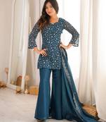 Teal blue embroidered short kurti sharara suit set with dupatta