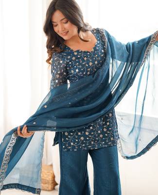 Teal blue embroidered short kurti sharara suit set with dupatta 2