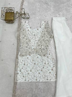 White embroidered short kurti sharara suit set with dupatta 4