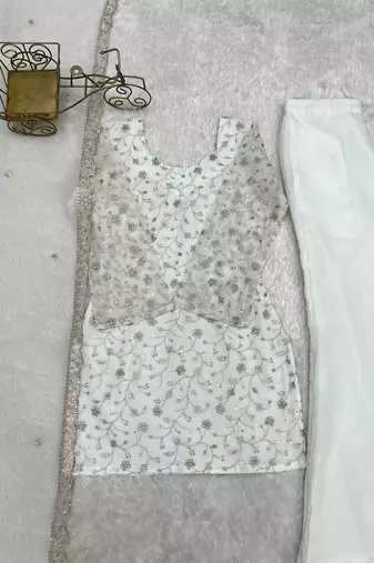 White embroidered short kurti sharara suit set with dupatta