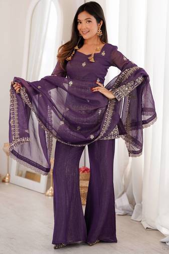 Wine purple silk sharara suit with embroidered dupatta set