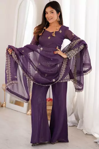 Wine purple silk sharara suit with embroidered dupatta set
