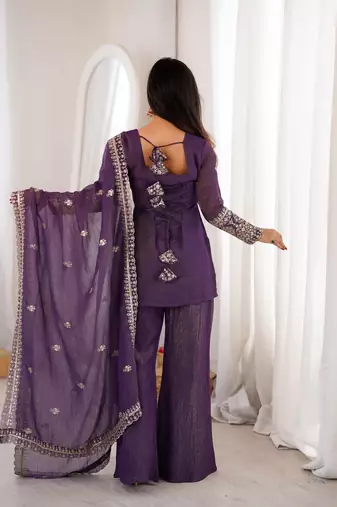 Wine purple silk sharara suit with embroidered dupatta set