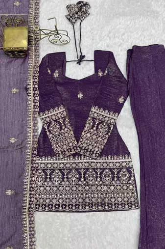 Wine purple silk sharara suit with embroidered dupatta set