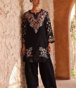 Black silk blend embroidered kurta-sets