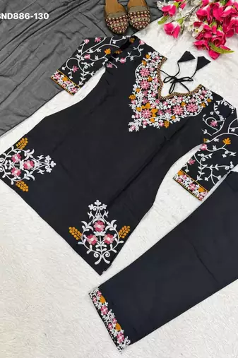 black silk blend floral embroidered kurta palazzo set