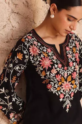 black silk blend floral embroidered kurta palazzo set
