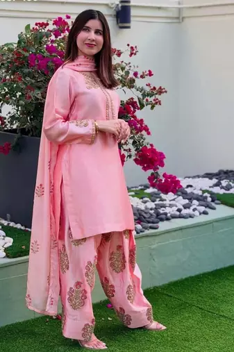 pink silk blend embroidered patiala kurta set
