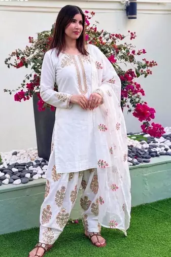 white silk blend embroidered patiala kurta set