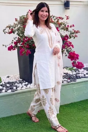 white silk blend embroidered patiala kurta set