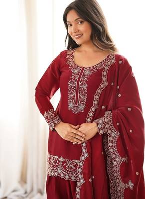 Deep red silk embroidered kurta salwar suit set with scalloped dupatta 3