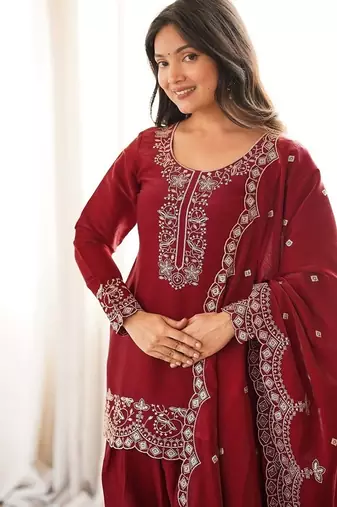 Deep red silk embroidered kurta salwar suit set with scalloped dupatta