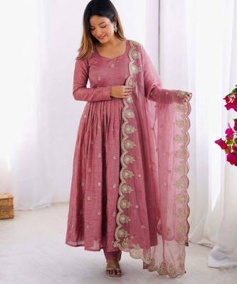 pink silk blend embroidered anarkali kurta set 1