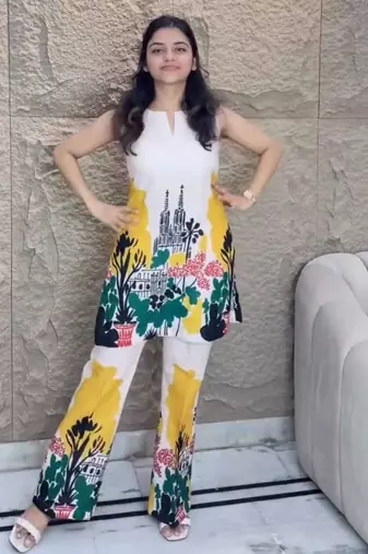 multicolor printed cotton blend kurta set