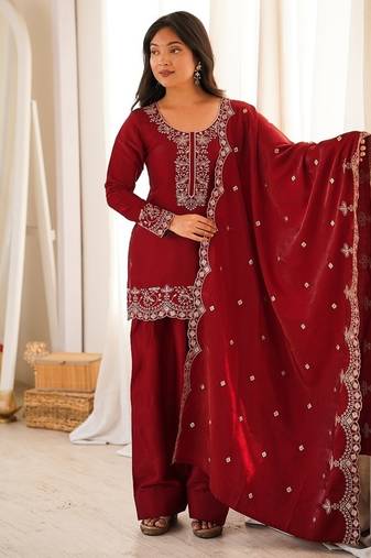 Deep red silk embroidered kurta salwar suit set with scalloped dupatta