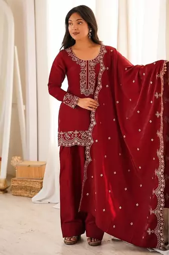 Deep red silk embroidered kurta salwar suit set with scalloped dupatta