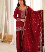 Deep red silk embroidered kurta salwar suit set with scalloped dupatta