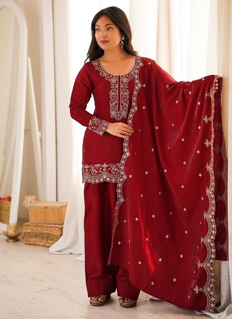 Deep red silk embroidered kurta salwar suit set with scalloped dupatta