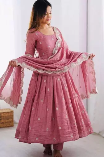 pink silk blend embroidered anarkali kurta set