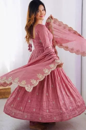 pink silk blend embroidered anarkali kurta set